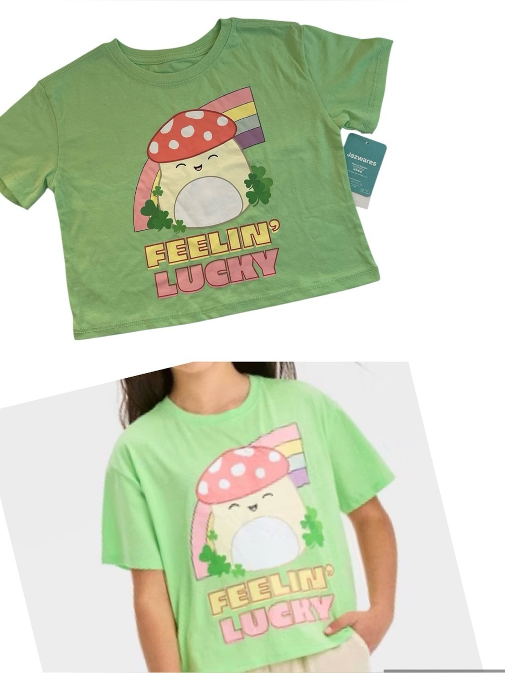 SQUISMALLOWS Kids "Feelin' Lucky" Green Girl’s Summer Short Sleeves Graphic Tee